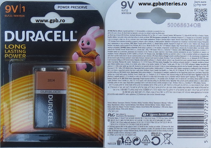 Baterie alcalina DURALOCK 9V Duracell Blister