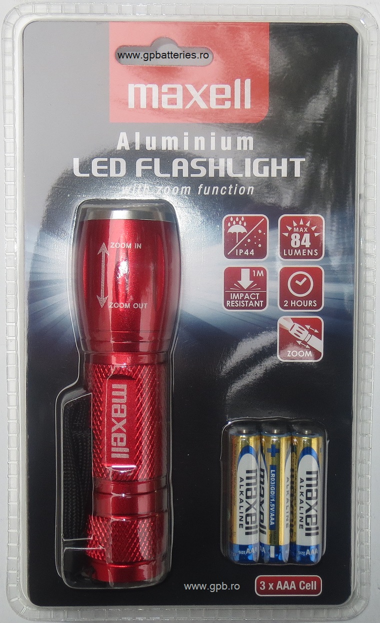 Maxell lanterna metal LED + lupa + zoom include 3 x R3 (AAA) rosie 303742