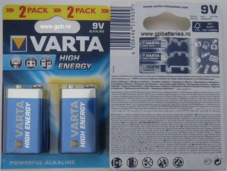 Baterie alcalina 9V High Energy VARTA blister 2