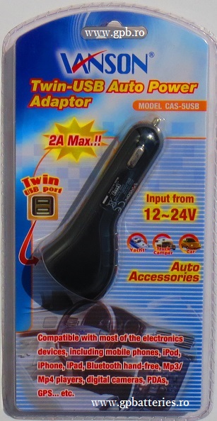 Vanson alimentator auto cu doua iesiri USB CAS-5USB