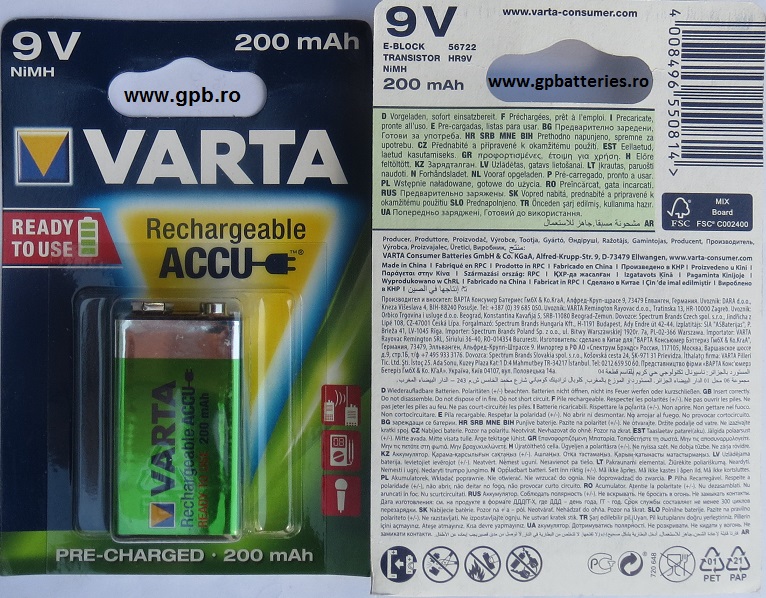 Acumulator tip 9V 200mA cod 56722 VARTA