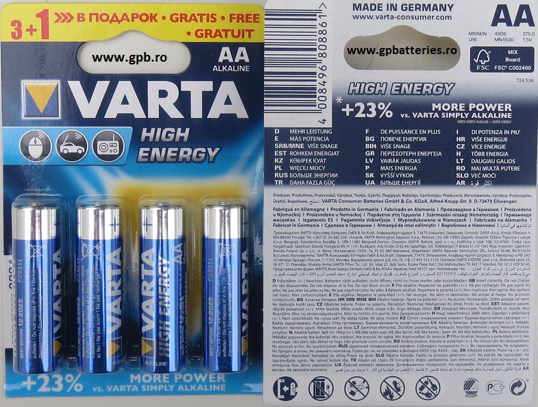 Varta baterie alcalina High Energy TREI+UNU AA (R6) blister 4