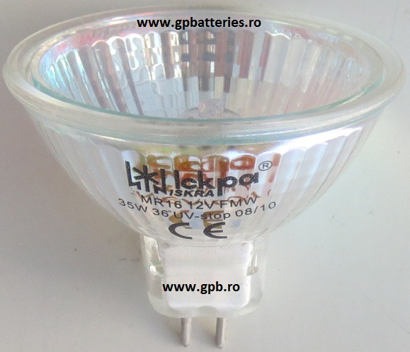 Bec dichroic-halogen 12 volti / 35 watt cu geam GU5.3 MR16 Iskra