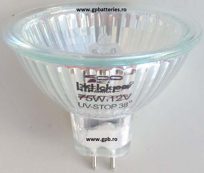 Bec dichroic-halogen 12 volti / 75 watt cu geam GU5.3 MR16 Iskra 