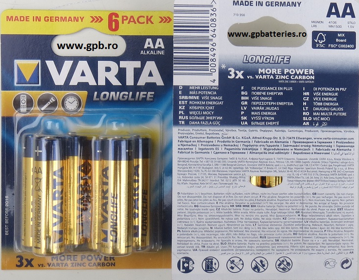 Baterie alcalina LongLife Extra AA (R6) cod 4106 VARTA blister 6