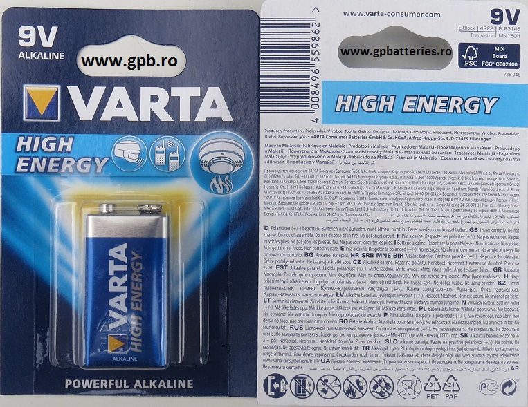 Varta baterie alcalina High Energy 9 volti blister 1 cod 4922