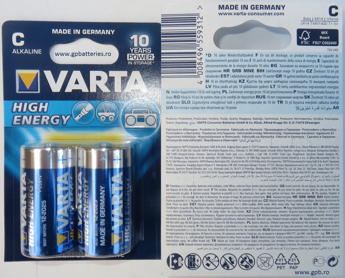 Baterie alcalina High Energy C (R14) cod 4914 VARTA