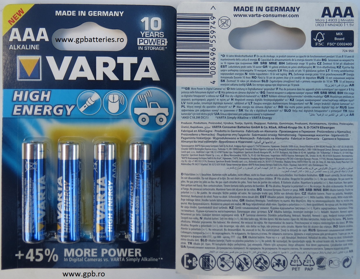 Varta baterie alcalina High Energy AAA (R3) blister 4 cod 4903