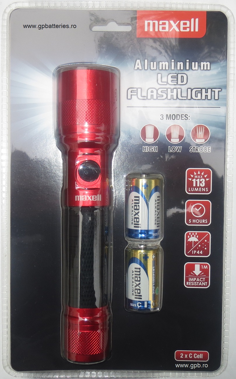 Maxell lanterna metal LED include 2 x R14 (C) rosie + negru 303740