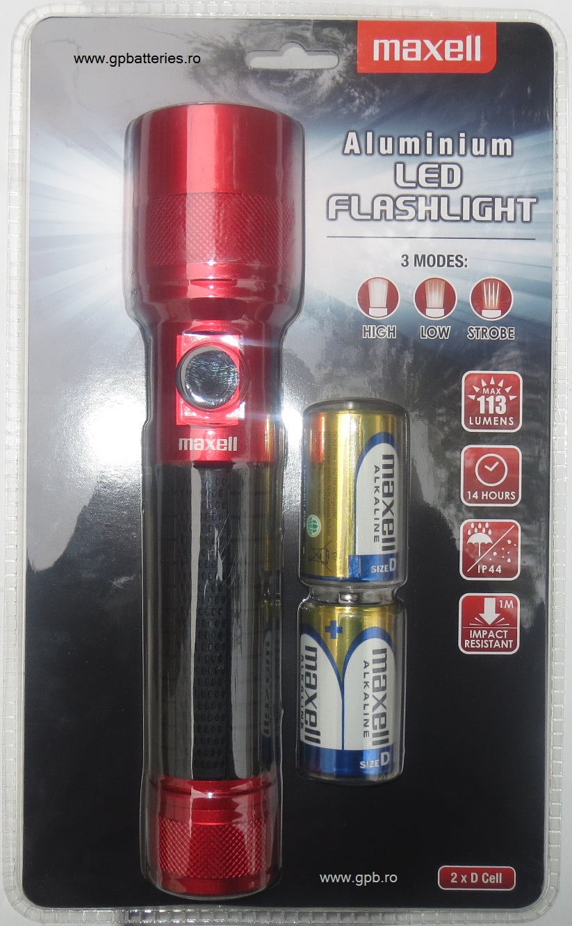 Maxell lanterna metal LED include 2 x R20 (D) rosie + negru 303741