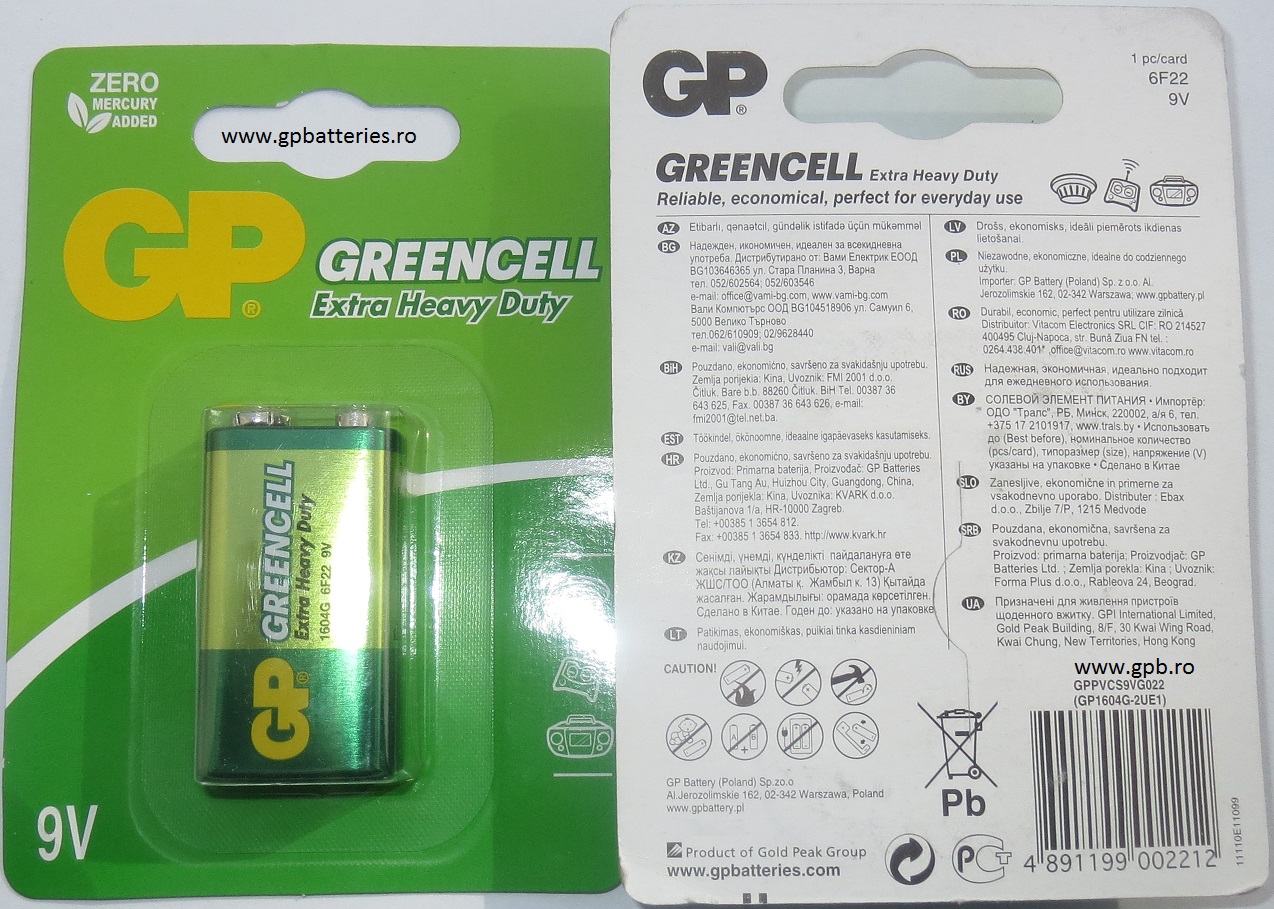 Baterie verde nealcalina 9V GP Batteries 1604G 