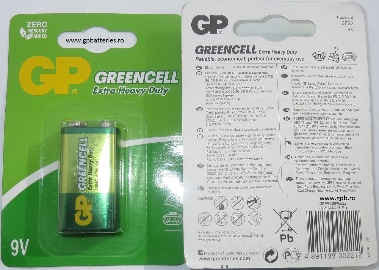Baterie verde nealcalina 9V GP Batteries 1604G