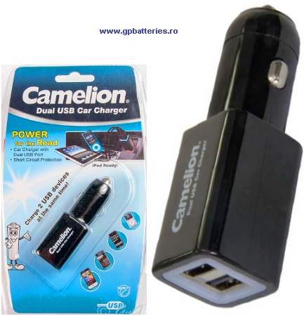 Camelion alimentator de la auto (12-24V) la 2 x USB maxim 2,1A DD801