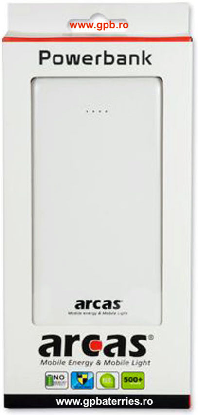 Arcas acumulator extern (booster) 12000mA alb 2 iesiri USB 1x1A si 1x2.1A + microUSB + 4LED power tester V31