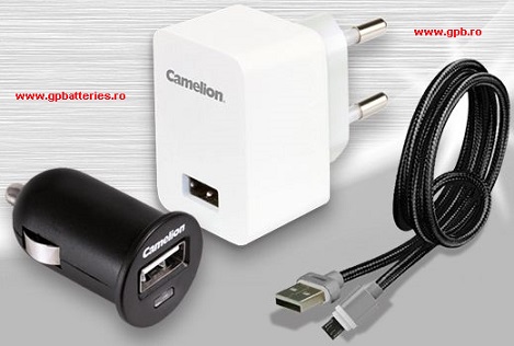 Camelion set alimentator de la retea la USB 2,1A si auto 12V/24V la USB 1,3A + cablu USB la micro USB / cablu iPhone 7 cod AD568+DD811+CDC015-CB